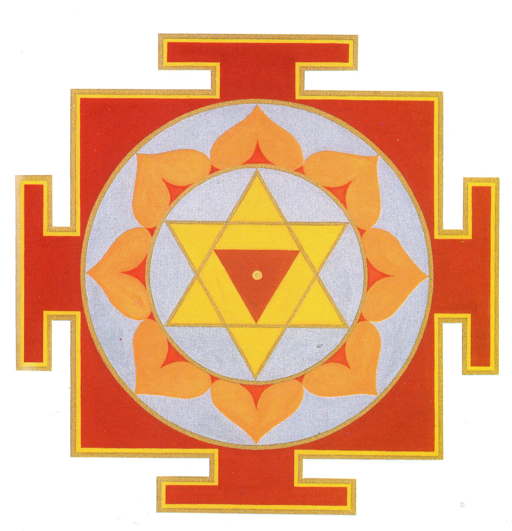 yantra orange, jaune, rouge et bleu clair
